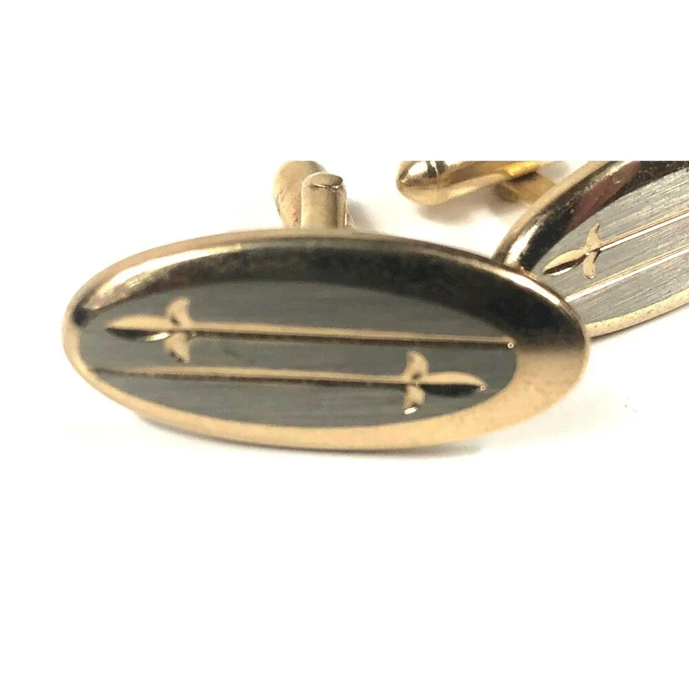 Vintage Gold Tone Cufflinks Gray Brushed Metal Oval Dual Sword Design